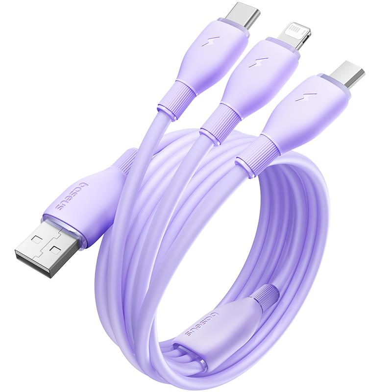 „Baseus“ itin greitas „vienas už tris“ greito įkrovimo kabelis USB-A iki M+L+C 3,5A 1,3 m ūkas Violetinė