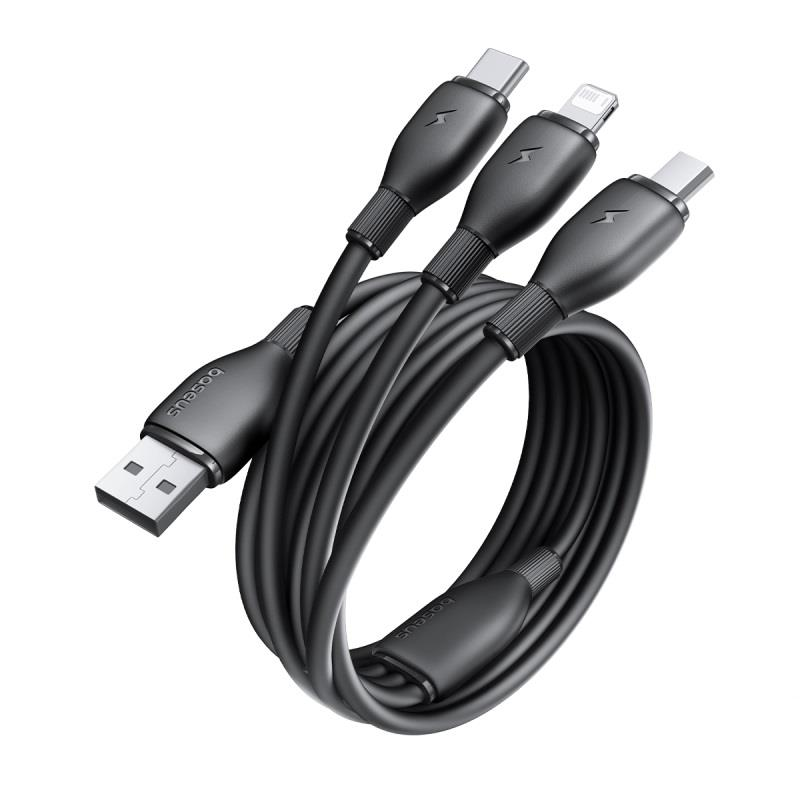Baseus itin spartus „trys viename“ greitojo įkrovimo laidas USB-A į M+L+C 3.5A 0.8m Cosmic Juodas