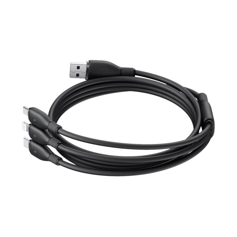 „Baseus“ itin greitas „vienas už tris“ greito įkrovimo kabelis USB-A iki M+L+C 3,5A 0,8 m Cosmic juodos spalvos
