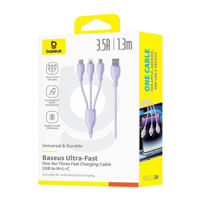 „Baseus“ itin greitas „vienas už tris“ greito įkrovimo kabelis USB-A iki M+L+C 3,5A 1,3 m ūkas Violetinė