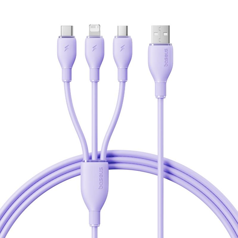 „Baseus“ itin greitas „vienas už tris“ greito įkrovimo kabelis USB-A iki M+L+C 3,5A 1,3 m ūkas Violetinė