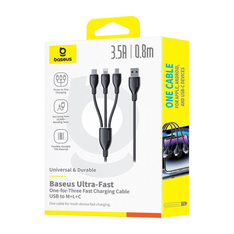 „Baseus“ itin greitas „vienas už tris“ greito įkrovimo kabelis USB-A iki M+L+C 3,5A 0,8 m Cosmic juodos spalvos