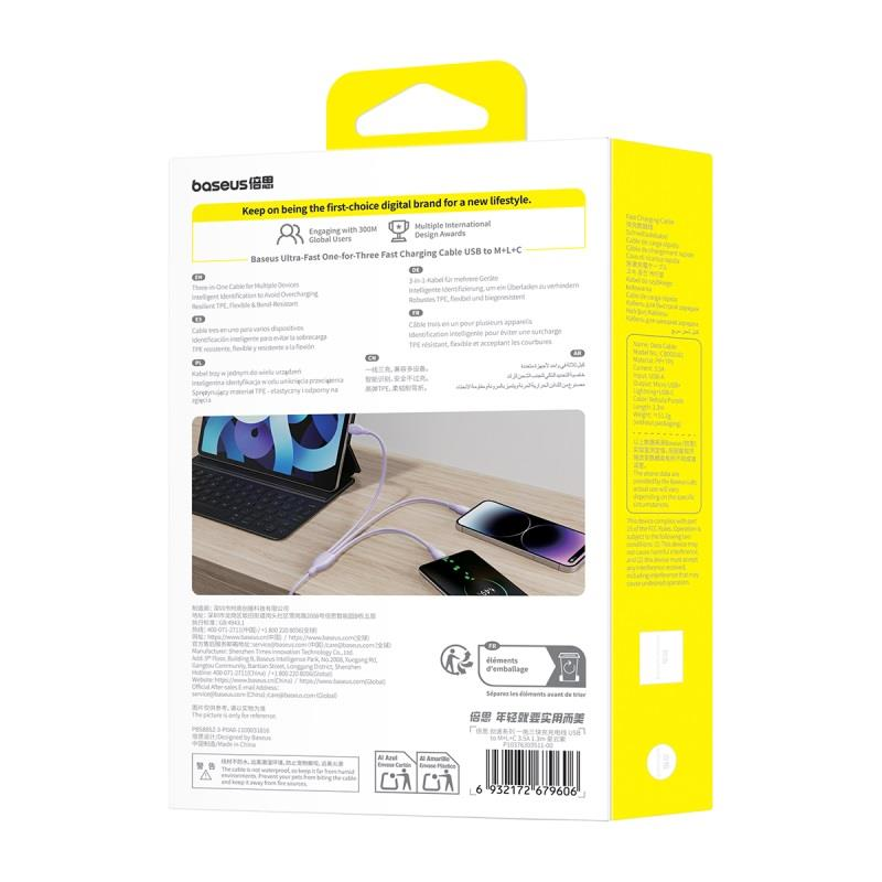 „Baseus“ itin greitas „vienas už tris“ greito įkrovimo kabelis USB-A iki M+L+C 3,5A 1,3 m ūkas Violetinė