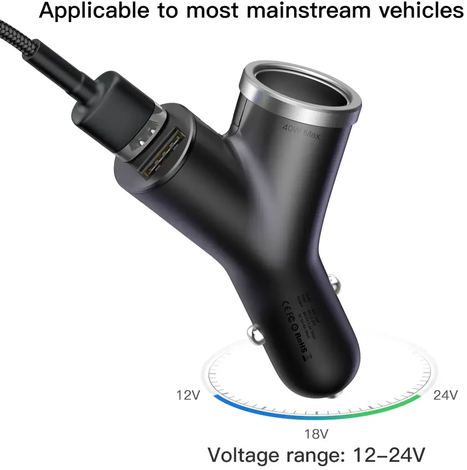Baseus Automobilinis įkroviklis 12-24V 2xUSB 3.4A su lizdu cigarečių pridegėjui, juodas