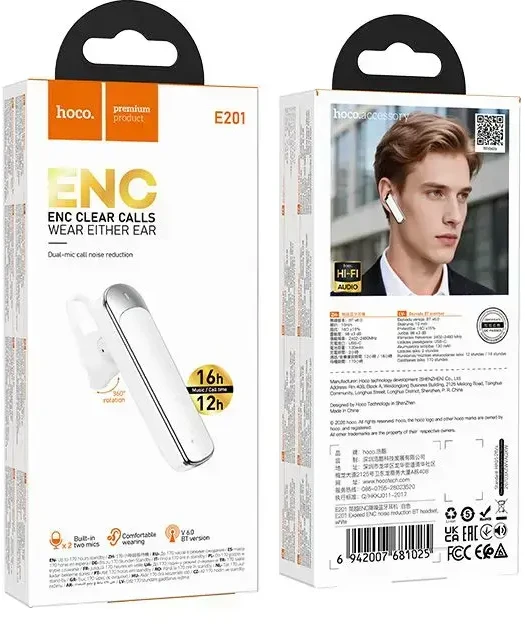 Belaidės mono ausinės (ENC, BT 6.0, 130mah) Hoco E201 baltas