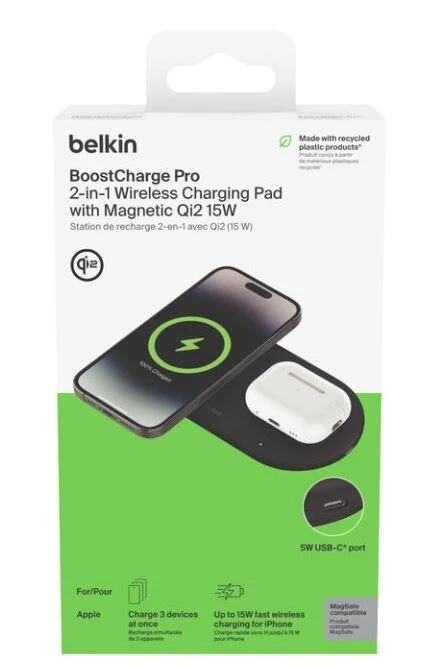 Belkinas | Du viename belaidė magnetinė įkrovimo stotis su Qi2 (15 W) | WIZ021vfBK