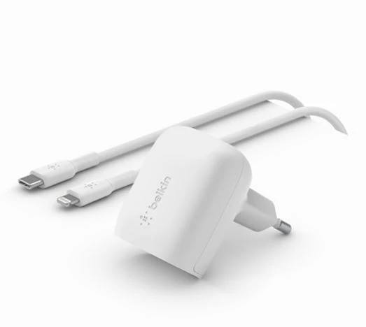 Įkroviklis buitinis Belkin Boost Charge 20W USB-C PD + USB-C to Lightning kabelis baltas