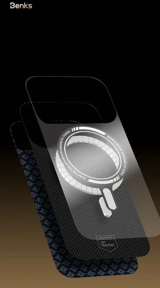 Benks Magnetic Armor Air Armor Grid Kevlar dėklas Metal Frame 600D (0069) skirtas iPhone 17 Pro oranžinis