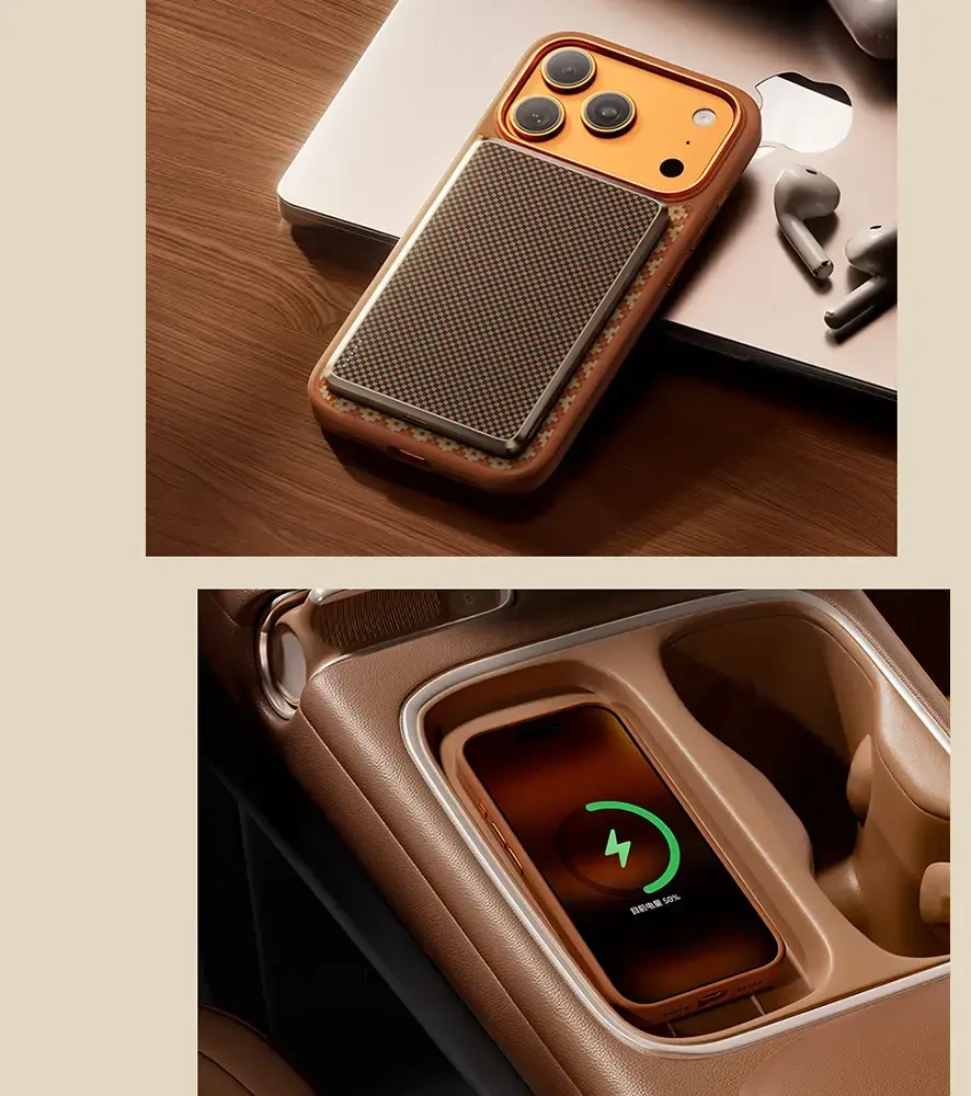 Benks Dėklas Magnetic Armor Pro Armor Grid Kevlar Metal Frame 600D (C.K.FL.AP.GD.F069) skirta Apple iPhone 17 Pro oranžinės spalvoa