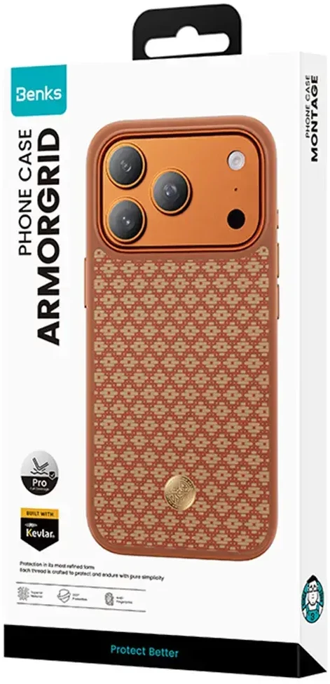 Benks Dėklas Magnetic Armor Pro Armor Grid Kevlar Metal Frame 600D (C.K.FL.AP.GD.F069) skirta Apple iPhone 17 Pro oranžinės spalvoa