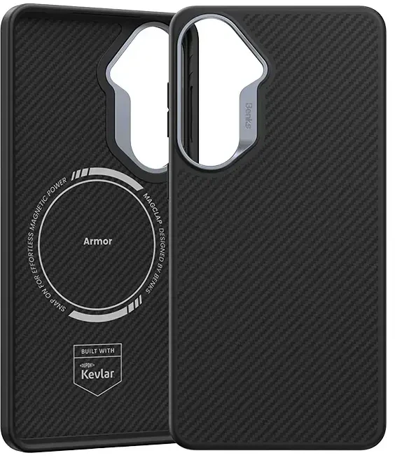 Benks Magnetic Armor Pro Kevlar metalinio rėmelio dėklas 600D (G048), skirtas Samsung Galaxy S26 juodas