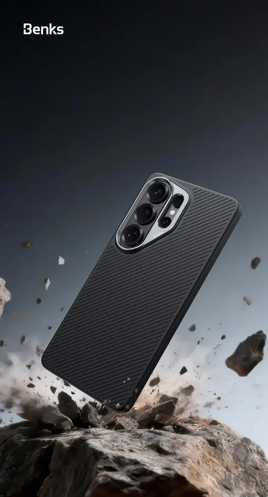 Benks Magnetic Armor Pro Kevlar metalinio rėmelio dėklas 600D (G048), skirtas Samsung Galaxy S26 juodas