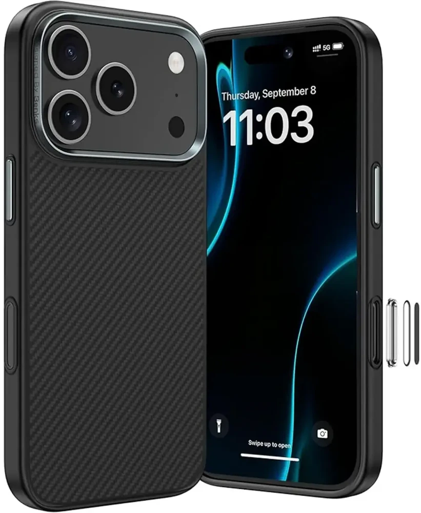 Benks Dėklas Magnetic Armor Pro Kevlar Metal Frame 600D (A070) skirtas Apple iPhone 17 Pro Max juodos spalvos (Camera Control Button)