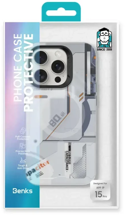 Benks Magnetic Mecha Series dėklas skirtas Apple iPhone 15 Pro baltos spalvos