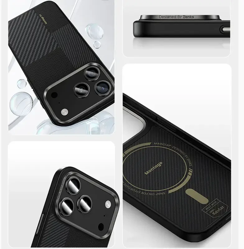 Benks Dėklas Montage Magnetic Armor Pro Kevlar Metal Frame 600D+1500D (MA70) skirtas Apple iPhone 17 Pro Max juodos spalvos (Camera Control Button)