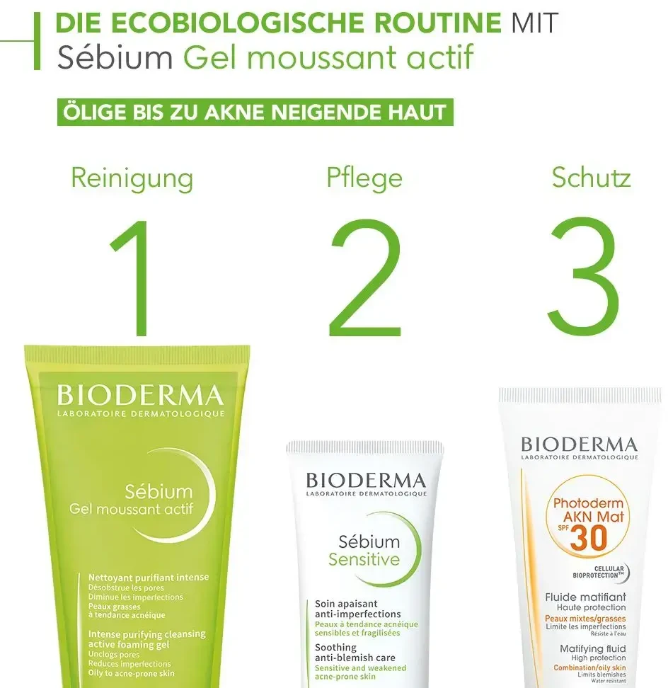 Bioderma aktyvaus poveikio rūgštinis prausiklis riebiai, į spuogus linkusiai odai SÉBIUM GEL MOUSSANT ACTIF, 200 ml
