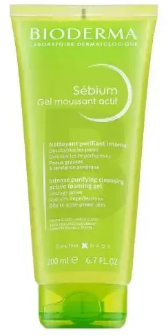 Bioderma aktyvaus poveikio rūgštinis prausiklis riebiai, į spuogus linkusiai odai SÉBIUM GEL MOUSSANT ACTIF, 200 ml