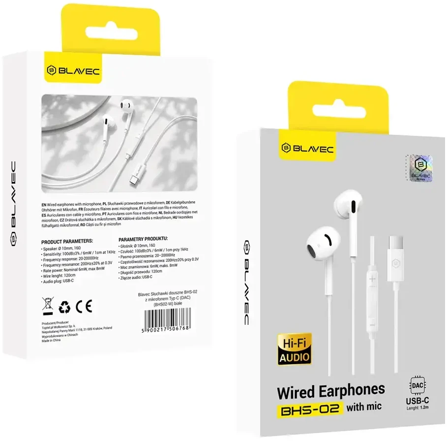 Blavec Ausinės to ear BHS-02 su mikrofonu Type C (DAC) (BHS02-W) baltas