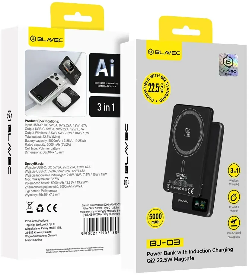 „Blavec“ išorinė baterija 5000mAh BJ-03 itin plona, 7,8 mm, C tipo, 22,5 W, magnetinė, „Magsafe 3 in 1“ (PBBJ03-MC5B), juodos spalvos aliuminis