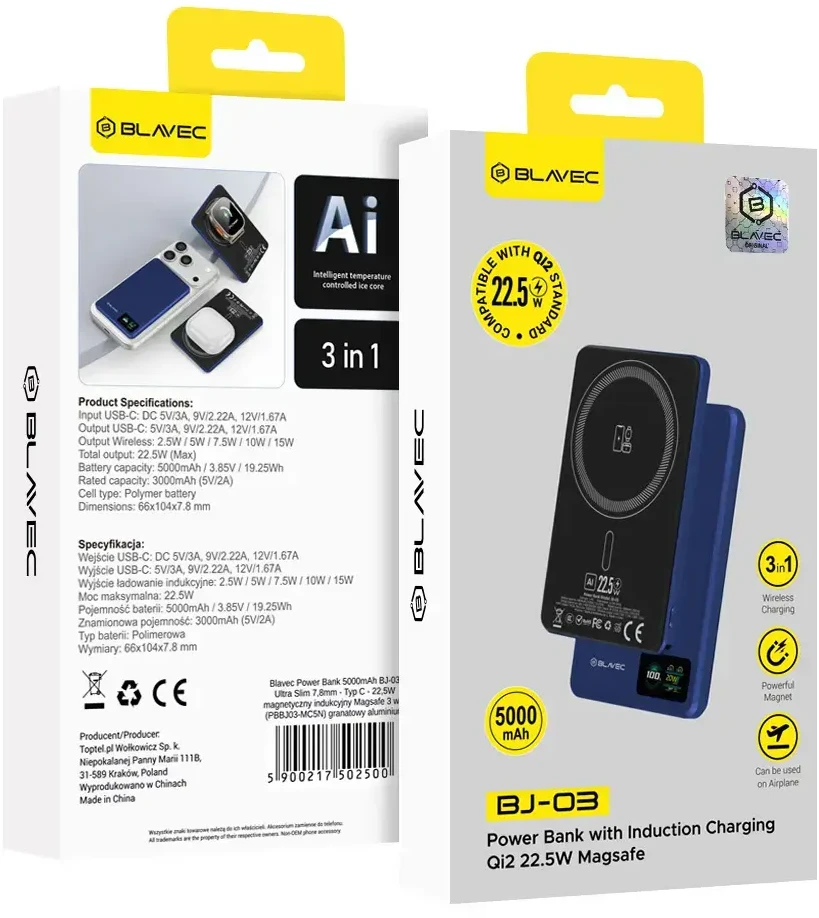 „Blavec“ išorinė baterija 5000mAh BJ-03, itin plona, 7,8 mm, C tipo, 22,5 W, magnetinė, „Magsafe 3 in 1“ (PBBJ03-MC5N), tamsiai mėlyna, aliuminio
