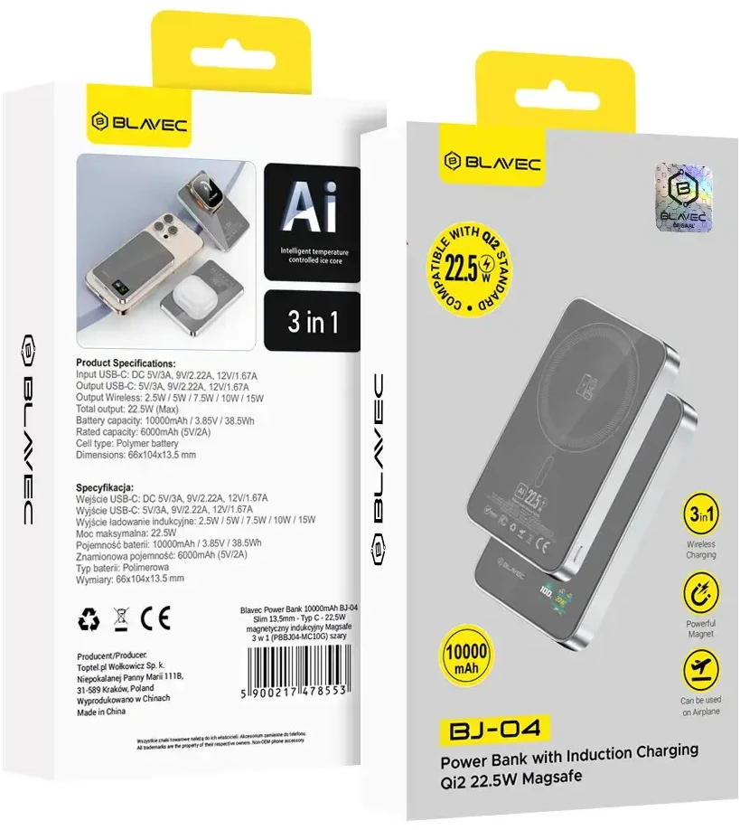 Blavec Power Bank 10000mAh BJ-04 Slim 13,5mm – Type C – 22,5W magnetic Magsafe 3 in 1 (PBBJ04-MC10G) pilkos spalvos