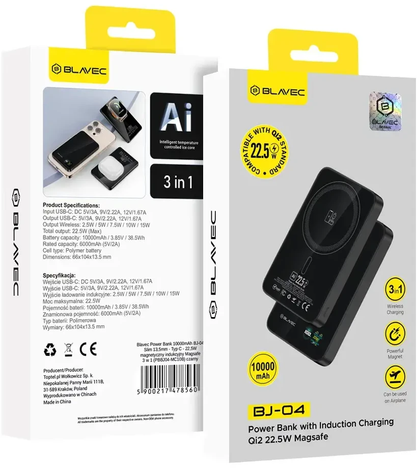 Blavec Power Bank 10000mAh BJ-04 Slim 13,5mm – Type C – 22,5W magnetic Magsafe 3 in 1 (PBBJ04-MC10B) juodos spalvos