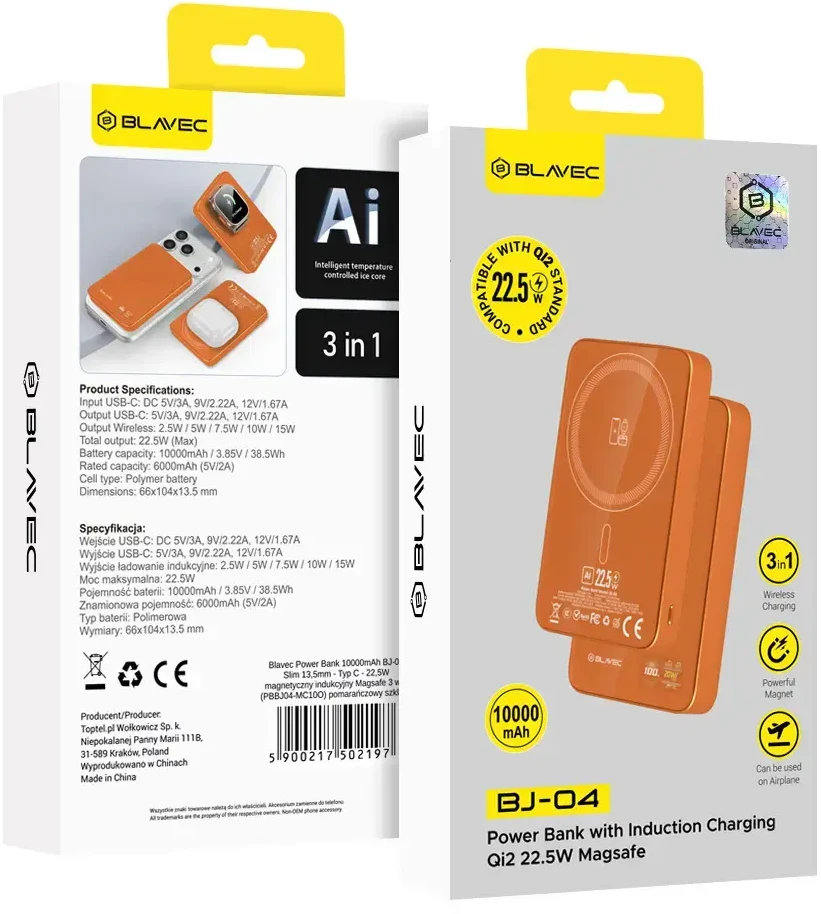 Blavec Power Bank 10000mAh BJ-04 Slim 13,5mm – Type C – 22,5W magnetic Magsafe 3 in 1 (PBBJ04-MC10O) oranžinės spalvos glass