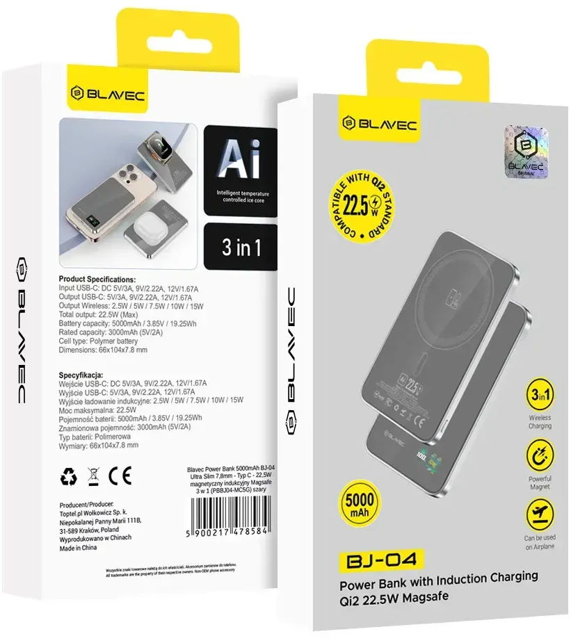 Blavec Power Bank 5000mAh BJ-04 Ultra Slim 7,8mm – Type C – 22,5W magnetic Magsafe 3 in 1 (PBBJ04-MC5G) pilkos spalvos