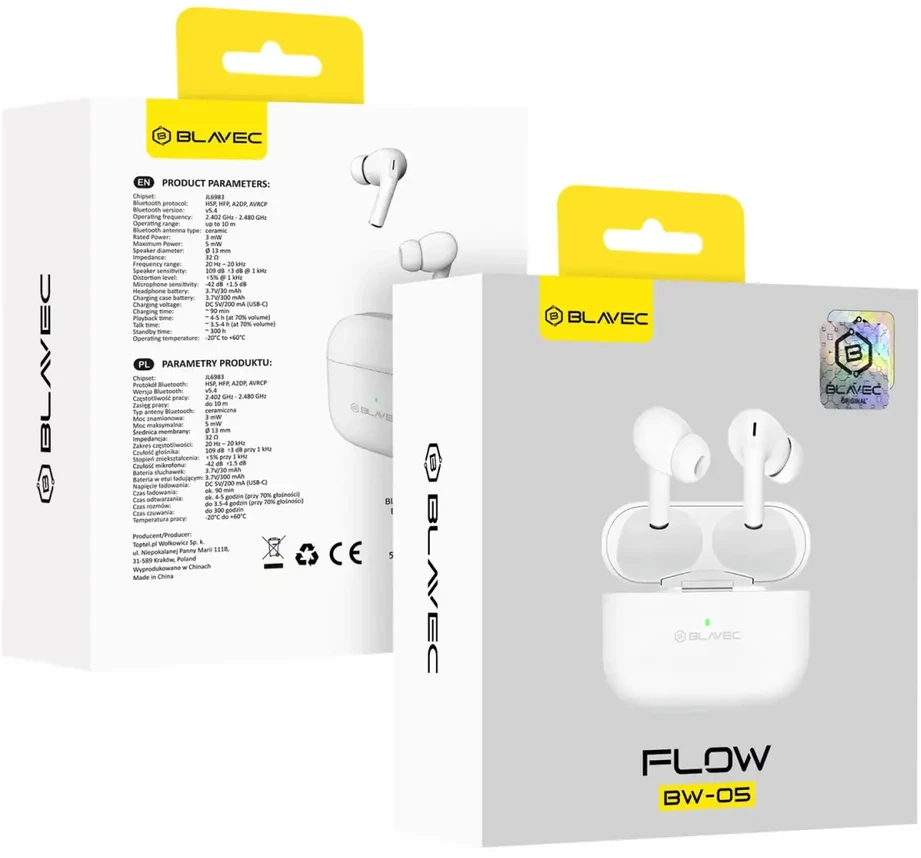 Blavec ausinės Bluetooth TWS BW-05 Flow (BW05F-W) baltos spalvos
