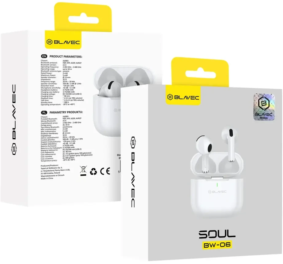 Blavec ausinės Bluetooth TWS BW-06 Soul (BW06S-W) baltos spalvos