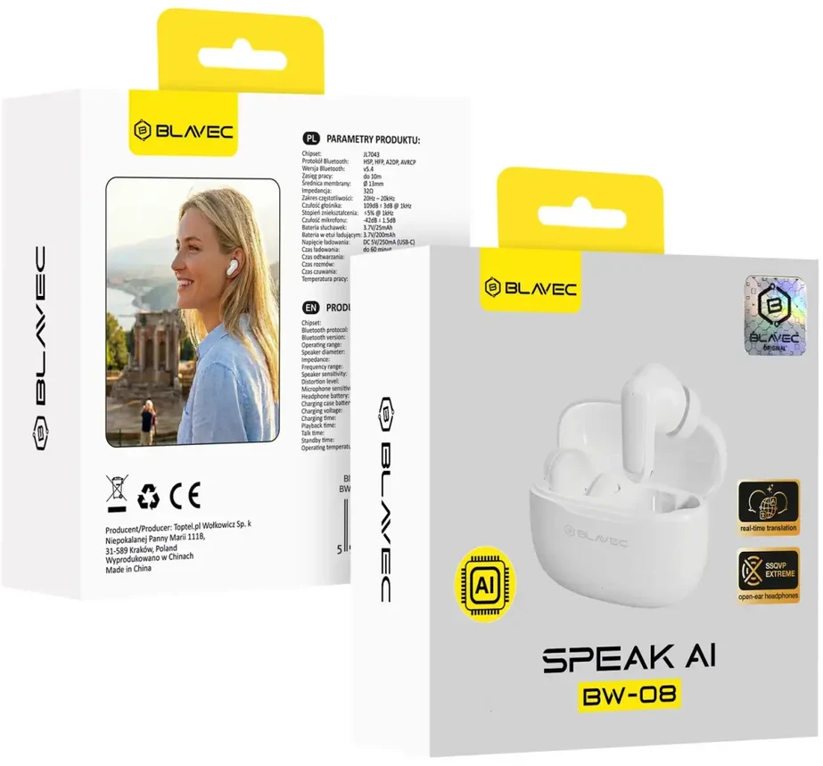 Blavec ausinės Bluetooth TWS BW-08 Speak AI (BW08SA-W) baltos spalvos