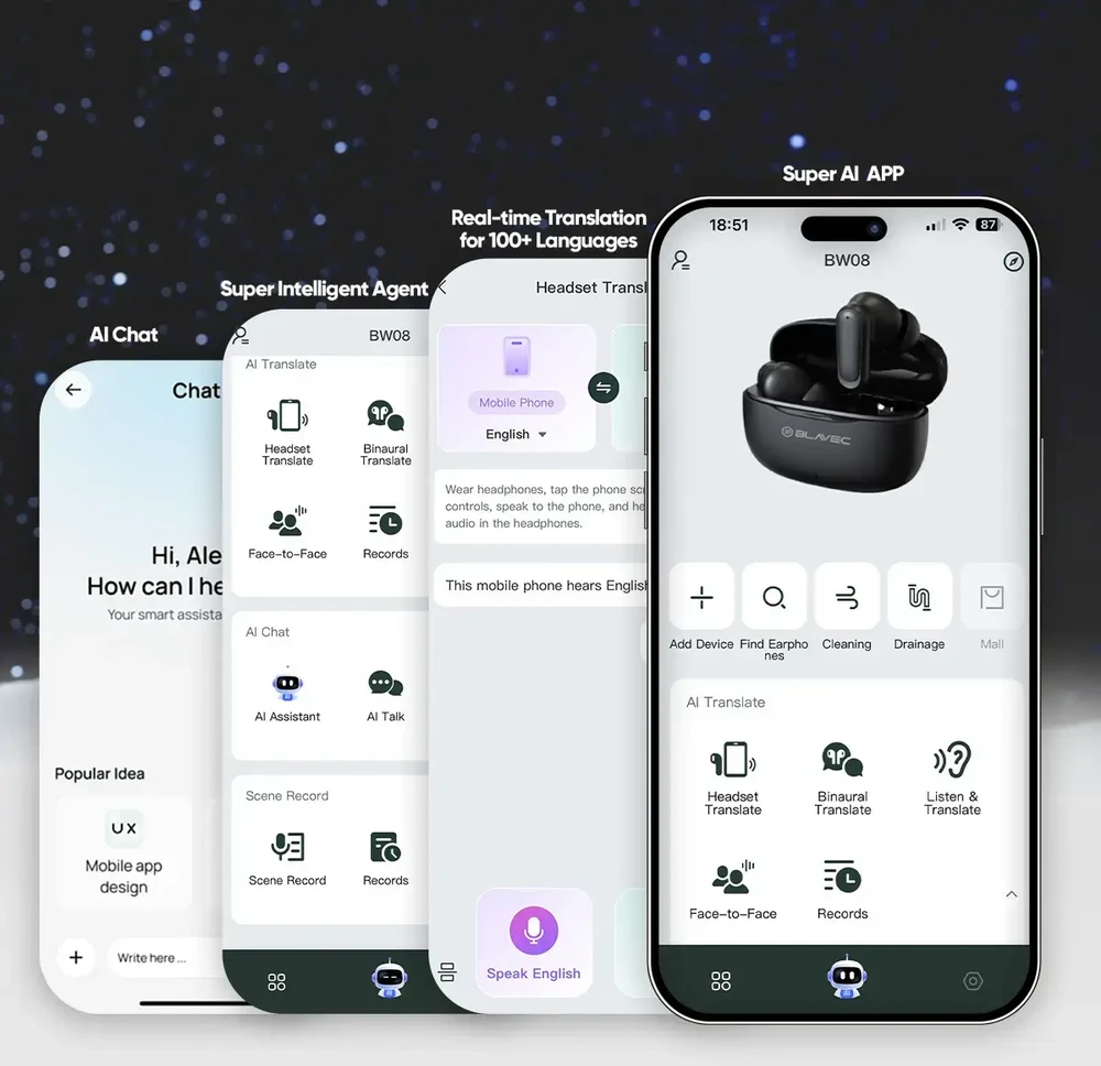 Blavec ausinės Bluetooth TWS BW-08 Speak AI (BW08SA-B) juodos spalvos