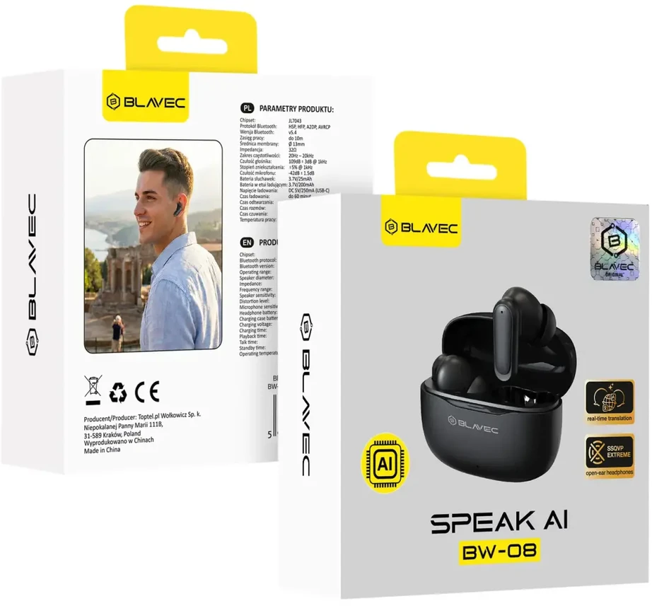 Blavec ausinės Bluetooth TWS BW-08 Speak AI (BW08SA-B) juodos spalvos