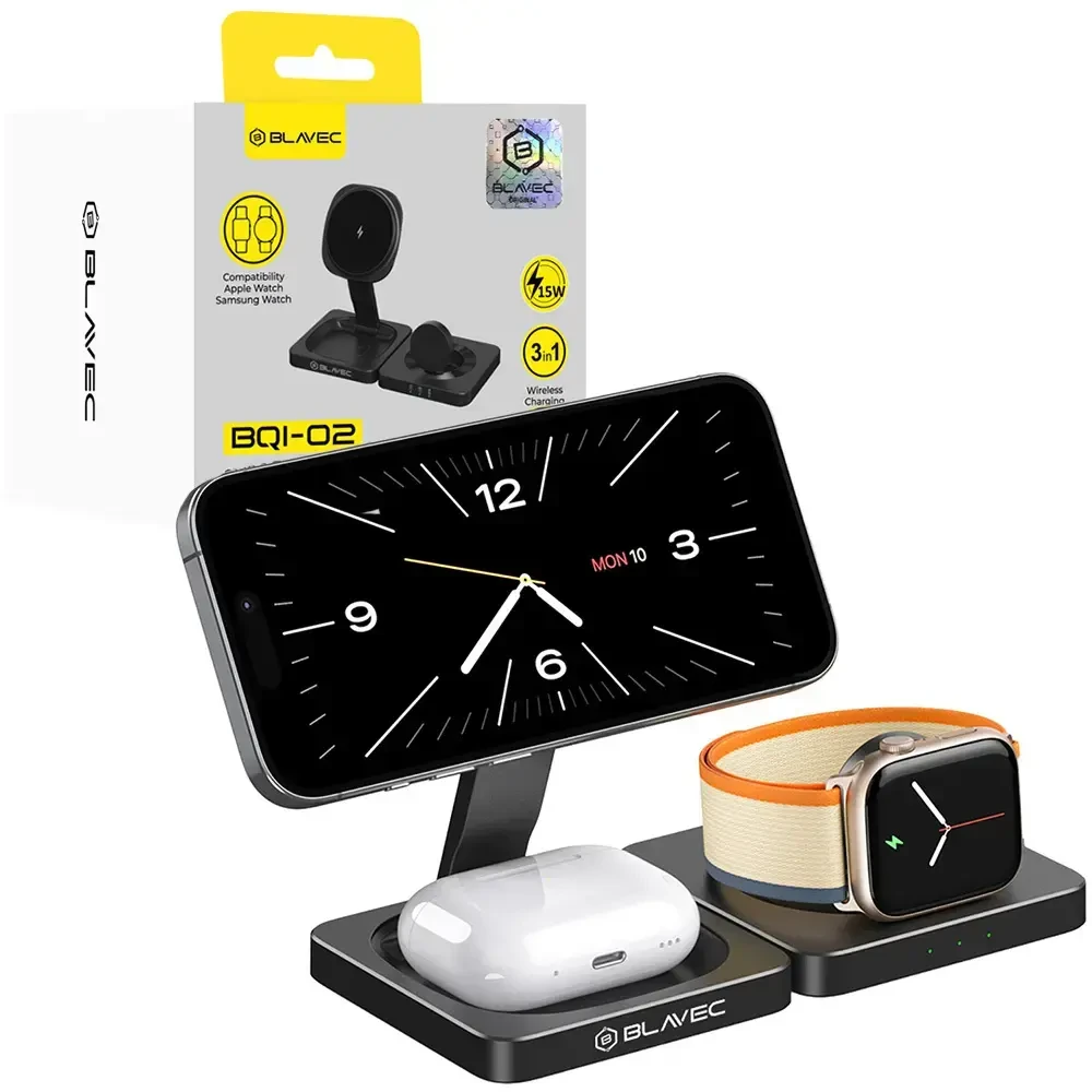 Blavec belaidis įkroviklis BQI-02 Qi 15W magnetic Magsafe 3 in 1 (BQI02-QIMB) juodos spalvos