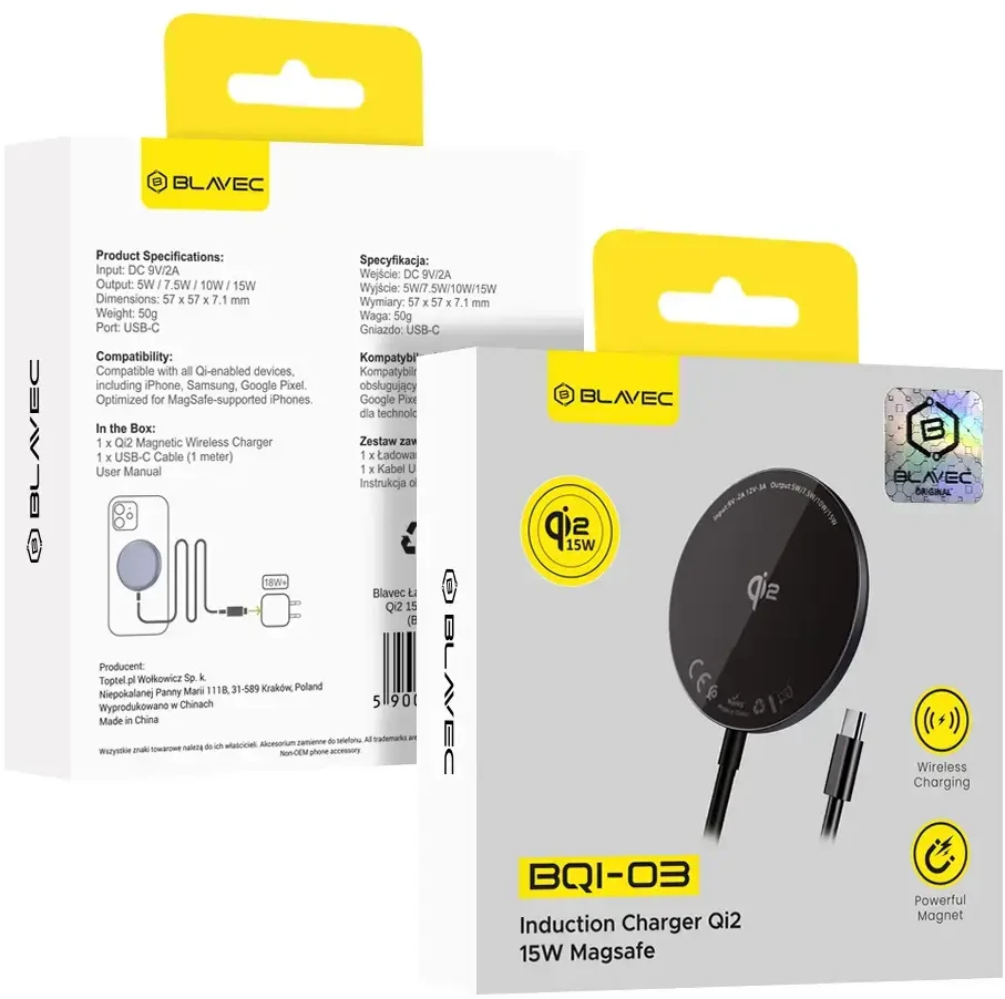 Blavec belaidis įkroviklis BQI-03 Qi2 15W magnetic Magsafe (BQI03-QI2MB) juodos spalvos