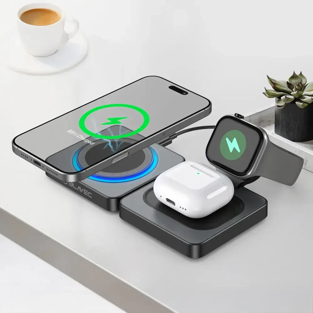 Blavec belaidis įkroviklis BQI-04 Qi 15W magnetic Magsafe 3 in 1 UniCharge (BQI04-QIMB) juodos spalvos
