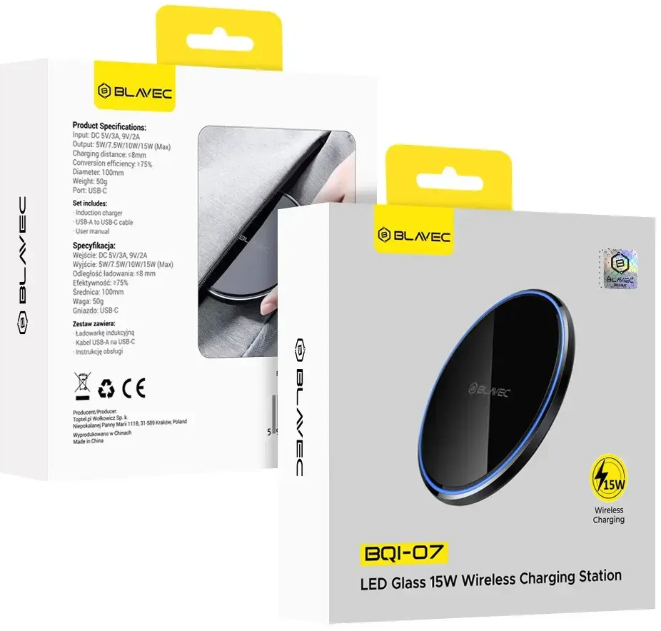 Blavec belaidis įkroviklis BQI-07 Qi 15W UniCharge (BQI07-QIB) juodos spalvos glass