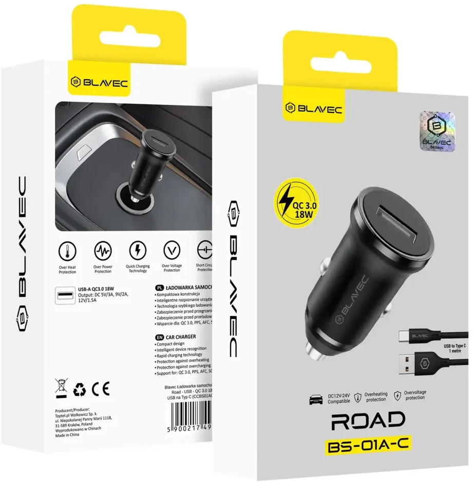 Blavec Automobilinis įkroviklis BS-01A-C Road – USB – QC 3.0 18W su USB į Type C kabeliu (CCBS01ACR-UB) juodos spalvos