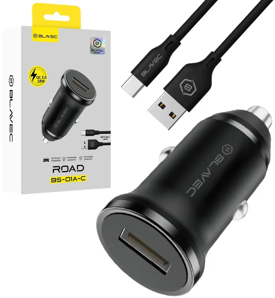 Blavec Automobilinis įkroviklis BS-01A-C Road – USB – QC 3.0 18W su USB į Type C kabeliu (CCBS01ACR-UB) juodos spalvos
