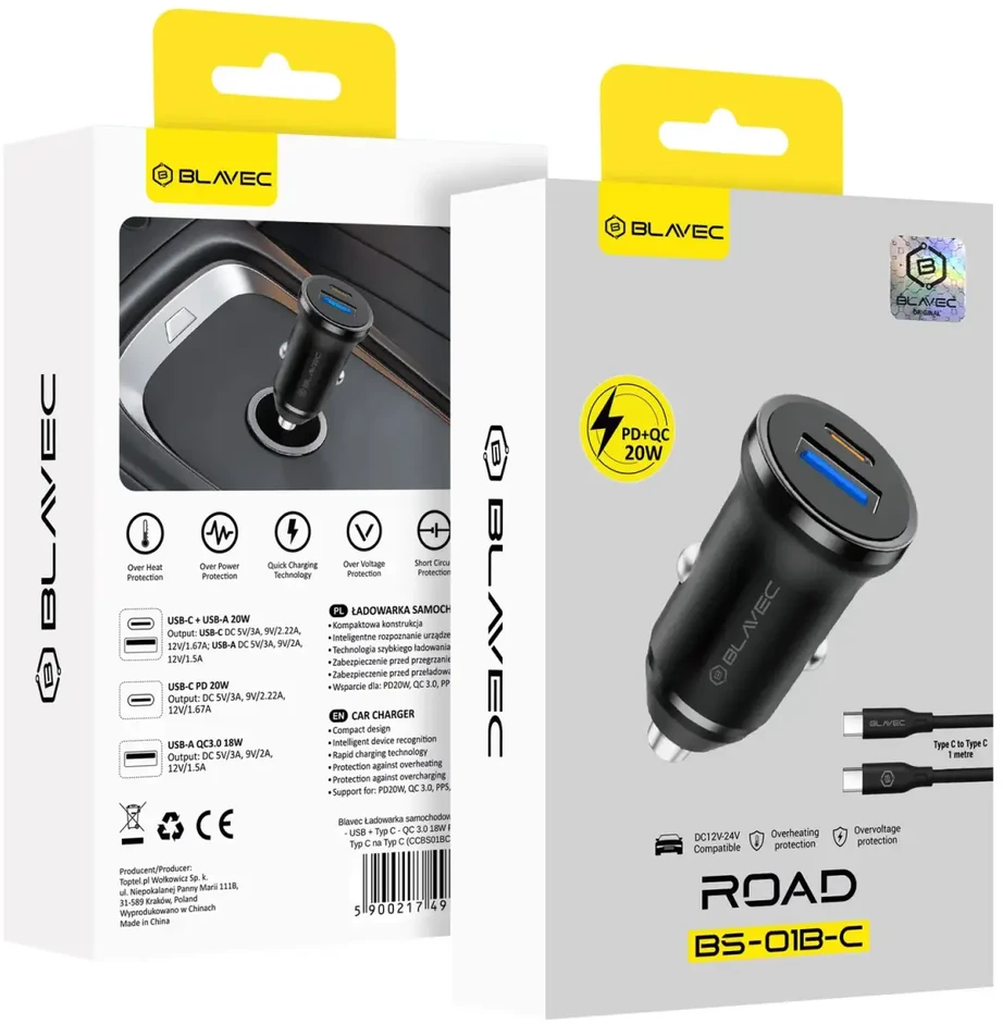 Blavec Automobilinis įkroviklis BS-01B-C Road – USB + Type C – QC 3.0 18W PD 20W su Type C į Type C kabeliu (CCBS01BCR-UCB) juodos spalvos