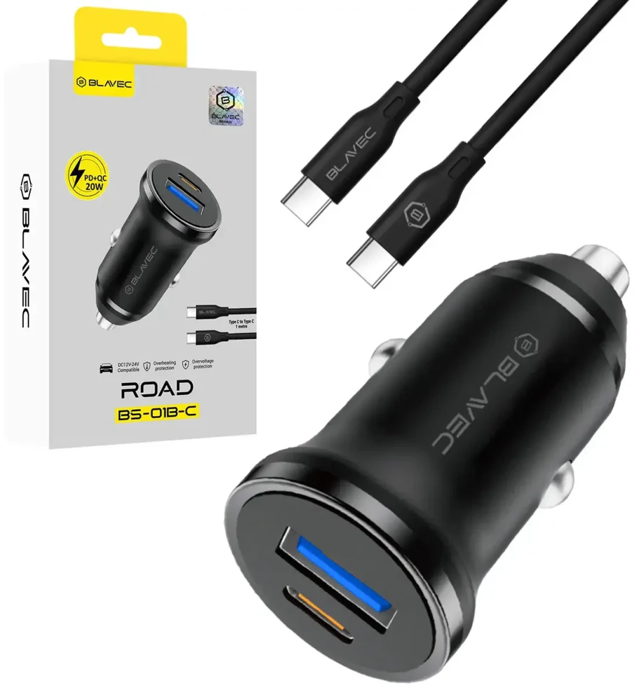 Blavec Automobilinis įkroviklis BS-01B-C Road – USB + Type C – QC 3.0 18W PD 20W su Type C į Type C kabeliu (CCBS01BCR-UCB) juodos spalvos