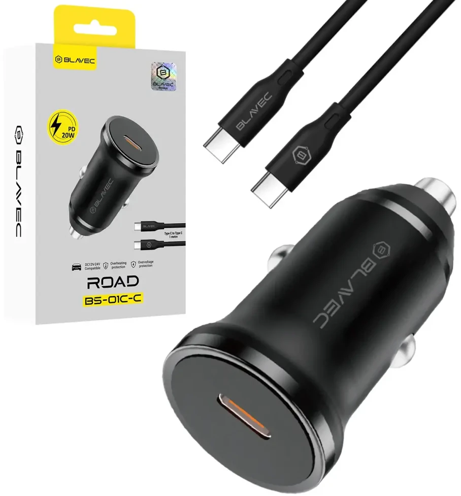 Blavec Automobilinis įkroviklis BS-01C-C Road – Type C – PD 20W su Type C į Type C kabeliu (CCBS01CCR-CB) juodos spalvos