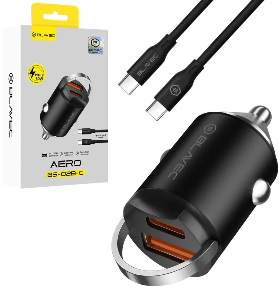 Blavec Automobilinis įkroviklis BS-02B-C Aero – USB + Type C – QC 3.0 18W PD 30W su Type C į Type C kabeliu (CCBS02BCA-UCB) juodos spalvos