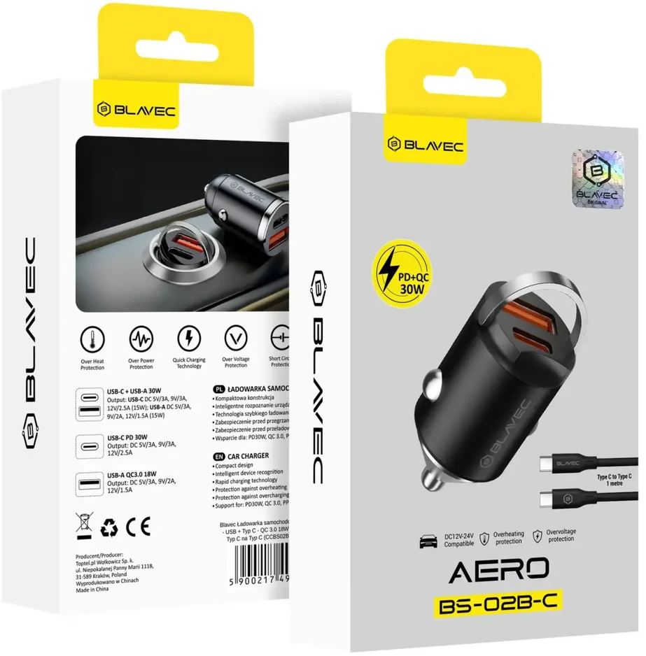 Blavec Automobilinis įkroviklis BS-02B-C Aero – USB + Type C – QC 3.0 18W PD 30W su Type C į Type C kabeliu (CCBS02BCA-UCB) juodos spalvos