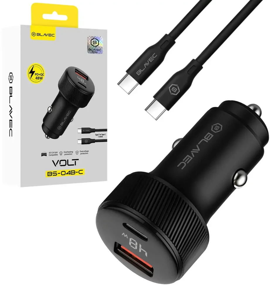 Blavec Automobilinis įkroviklis BS-04B-C Volt – USB + Type C – QC 3.0 18W PD 30W su Type C į Type C kabeliu (CCBS04BCV-UCB) juodos spalvos