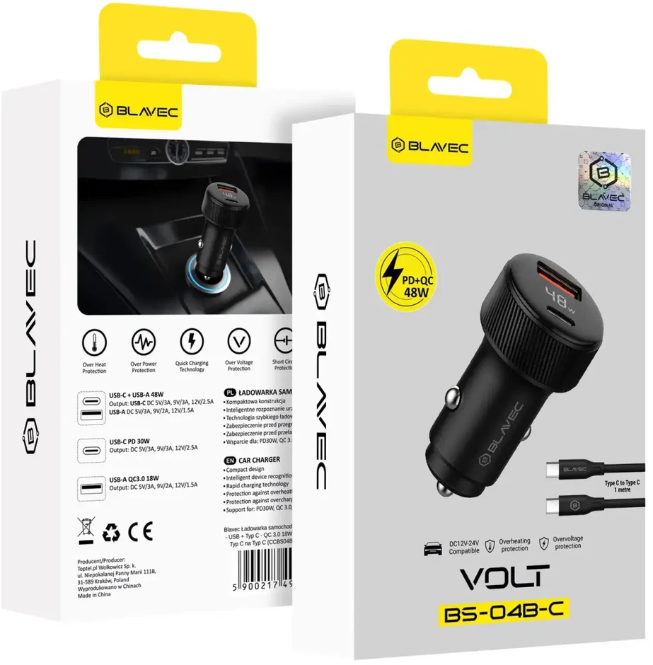 Blavec Automobilinis įkroviklis BS-04B-C Volt – USB + Type C – QC 3.0 18W PD 30W su Type C į Type C kabeliu (CCBS04BCV-UCB) juodos spalvos