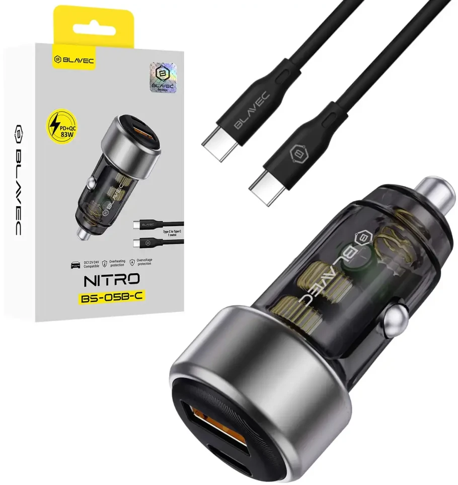 Blavec Automobilinis įkroviklis BS-05B-C Nitro – USB + Type C – QC 3.0 18W PD 65W su Type C į Type C kabeliu (CCBS05BCN-UCB) juodos spalvos