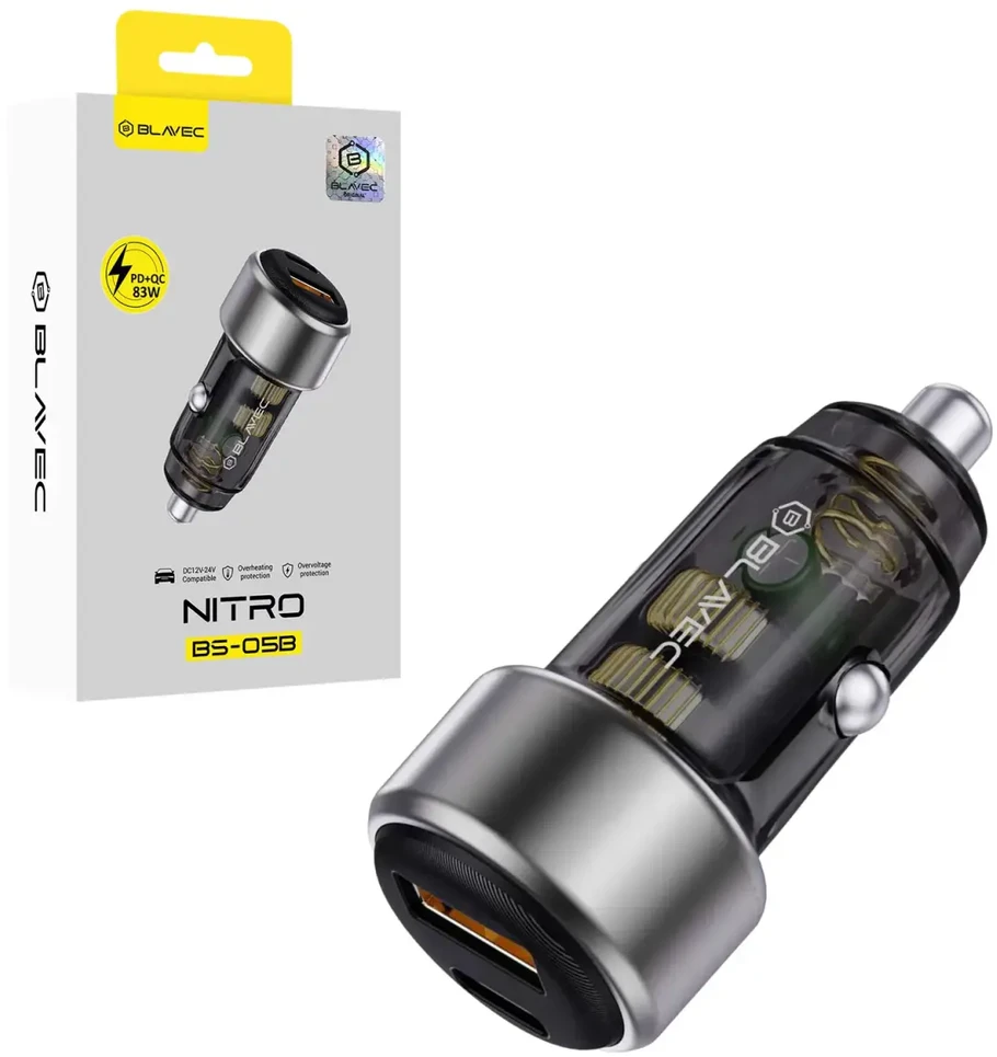 Blavec Automobilinis įkroviklis BS-05B Nitro – USB + Type C – QC 3.0 18W PD 65W (CCBS05BN-UCB) juodos spalvos