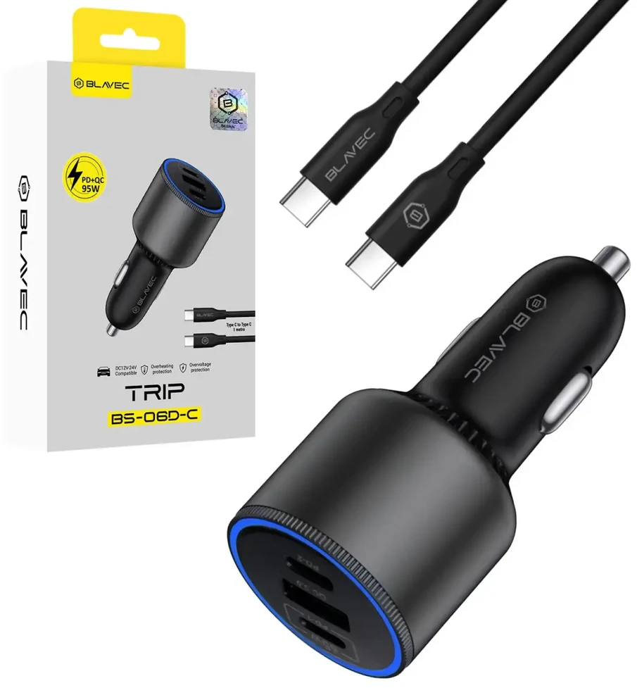 Blavec Automobilinis įkroviklis BS-06D-C Trip – USB + 2xType C – QC 3.0 18W PD 65W su Type C į Type C (CCBS06DCQ-U2CB) juodos spalvos