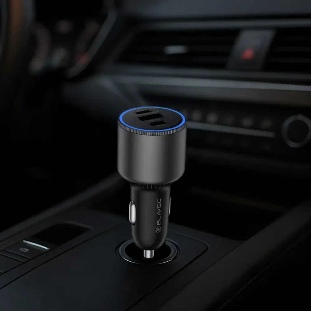 Blavec Automobilinis įkroviklis BS-06D-C Trip – USB + 2xType C – QC 3.0 18W PD 65W su Type C į Type C (CCBS06DCQ-U2CB) juodos spalvos